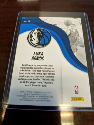 2018 - 19 Panini Threads Luka Doncic Next Wave Sparkle Parallel 2