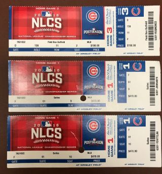 Three Chicago Cubs 2016 Ncls Playoff Ticket Stubs (2) Game 1 & (1) Game 3