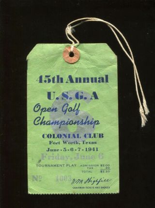 1941 (45th Annual) Usga Us Open Golf Championship Pass Ticket (craig Wood) Rare