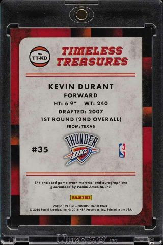 2015 Donruss Timeless Treasures Kevin Durant AUTO PATCH /49 TT - KD (PWCC) 2