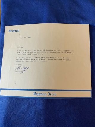Price Drop Lou Holtz Autographed Signed Letter Notre Dame Football Ncaa 1991