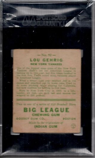 1933 Goudey 92,  Lou Gehrig,  SGC 40/3 VG 2