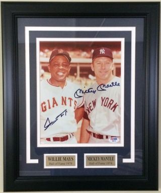 Mickey Mantle & Willie Mays Dual Signed 8x10 Color Photo Framed - Psa Loa