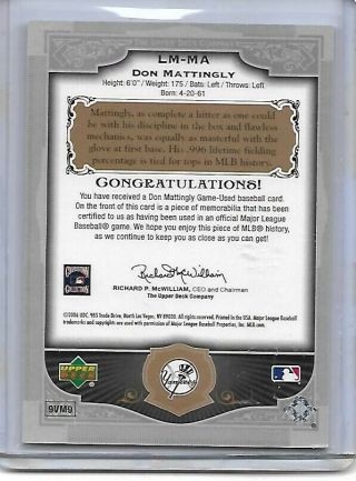 2006 SP Legendary Cuts Don Mattingly Materials Platinum 9/15 Yankees Game 2