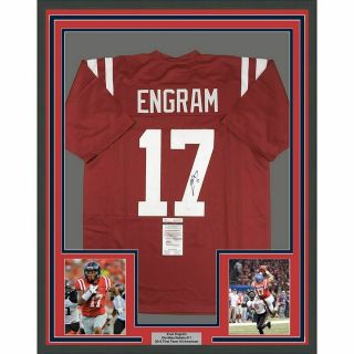 Framed Autographed/signed Evan Engram 33x42 Ole Miss Red College Jersey Jsa