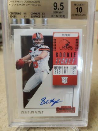 2018 Contenders Rookie Ticket Baker Mayfield Browns Rc Rookie Auto Bgs 9.  5 W/ 10