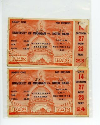 Notre Dame Ticket Stubs,  Football,  University Of Michigan,  November 1942