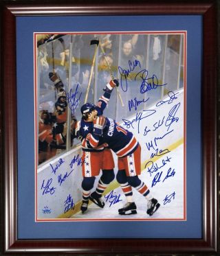 1980 Usa Olympic Hockey Entire Team Signed 16x20 Photo Framed 20 Auto Le/9 Psa