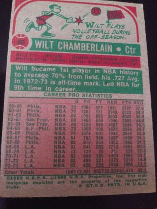1973 - 1974 Topps Wilt Chamberlain Los Angeles Lakers 80 Basketball Card