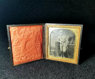 1880s Baseball Tin Type Player In Uniform With Spalding Ring Bat Photo With Case