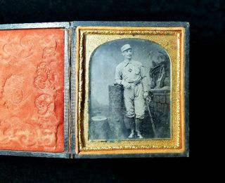 1880s BASEBALL TIN TYPE PLAYER IN UNIFORM With SPALDING RING BAT Photo with Case 3