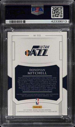 2017 National Treasures Donovan Mitchell ROOKIE RC AUTO PATCH /99 PSA 10 (PWCC) 2