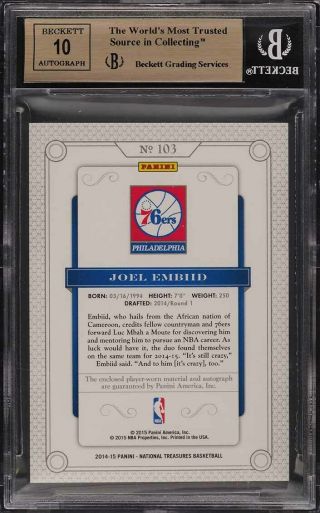 2014 National Treasures Joel Embiid ROOKIE RC AUTO PATCH /99 103 BGS 9.  5 (PWCC) 2