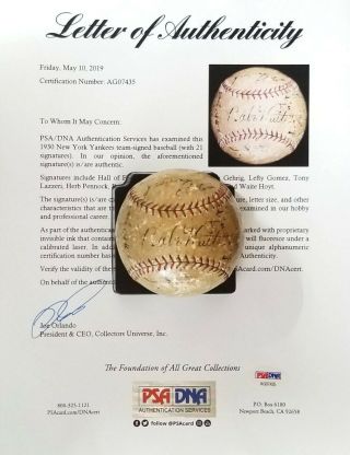1930 Babe Ruth Gehrig York Yankees Team Signed Baseball 21 Autos Psa/dna Jsa