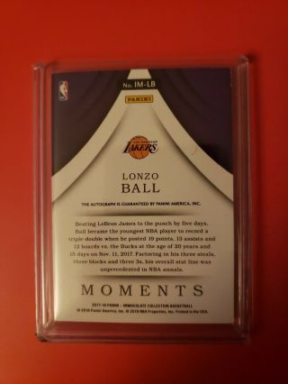 2017 - 18 IMMACULATE LONZO BALL MOMENTS AUTOGRAPH 8/75 2