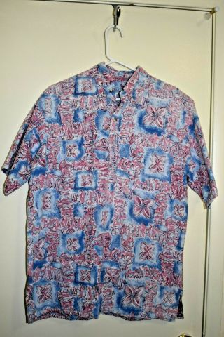Manoa Hawaiian Aloha Shirt Pullover Floral Blue Beige Reverse Printed Casual Lar