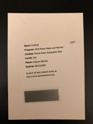 2018 Panini Plates And Patches - Saquan Barkley - Rookie Patch Auto Blue /50 Rc
