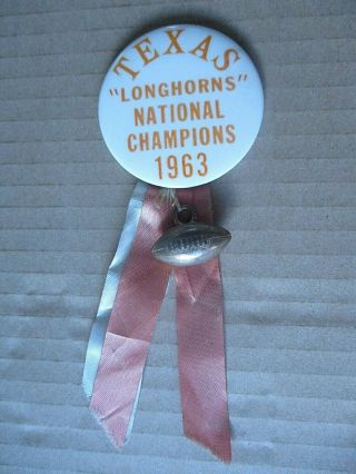 1963 Ut Texas Longhorns National Champions Pin Back Button Football Charm Ribbon