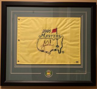 Tiger Woods Signed Dated 2005 Masters Flag W/ Masters Coin (custom Framed) 1/1