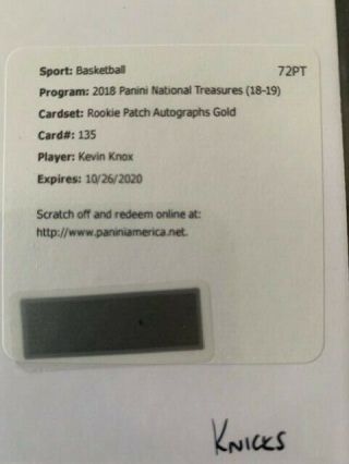 Kevin Knox 2018 - 19 National Treasures Rookie Rc Patch Auto Gold /10 Ssp