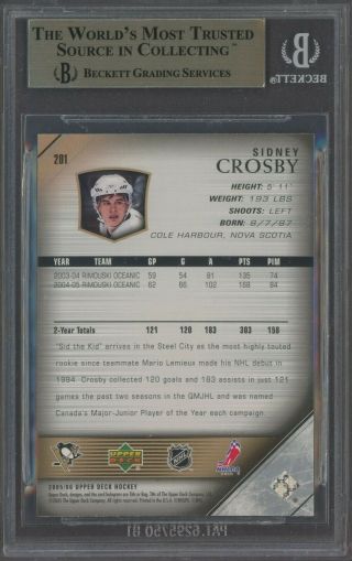 2005 - 06 Upper Deck Young Guns 201 Sidney Crosby Penguins RC BGS 10 PRISTINE 2
