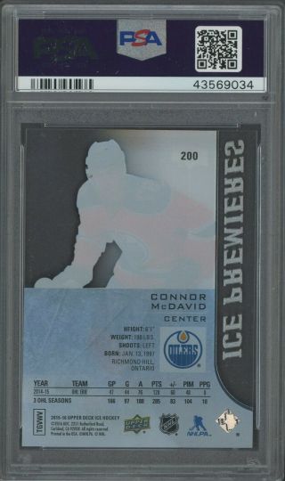 2015 - 16 UD Ice Premieres 200 Connor McDavid Oilers RC Rookie 50/99 PSA 9 2