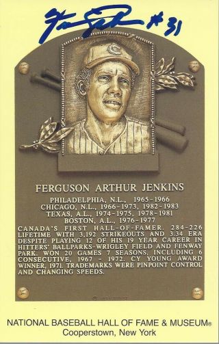 Ferguson Fergie Jenkins Signed Gold Hall Of Fame Plaque Postcard Auto Jsa