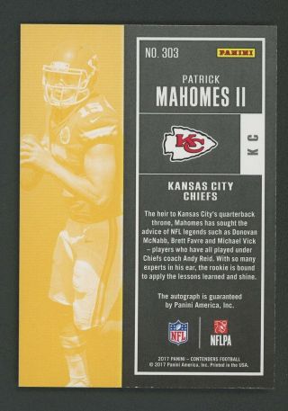 2017 Contenders Rookie Ticket Red Zone FOTL Patrick Mahomes Chiefs AUTO 2