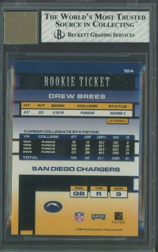 2001 Contenders Rookie Ticket Drew Brees Chargers RC AUTO /500 BGS 8 w/ 9.  5 2