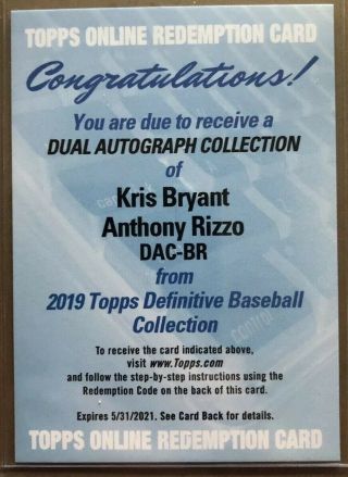 Kris Bryant Anthony Rizzo 2019 Topps Definitive Dual Auto /25 Chicago Cubs