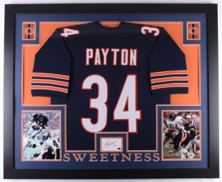Walter Payton Signed Chicago Bears 35x43 Custom Framed Cut Display With Jersey