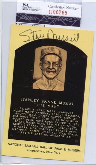 Stan Musial (d.  2013) Cards Signed Hall Of Fame Yellow Plaque Postcard - Jsa