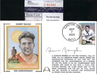 Sammy Baugh (d.  2008) Redskins Signed " 40th " Gateway Cachet Fdc Cover - Jsa