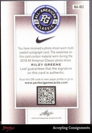 2018 Leaf Metal Perfect Game All - American Riley Greene Nike LOGO PATCH AUTO 5/5 2