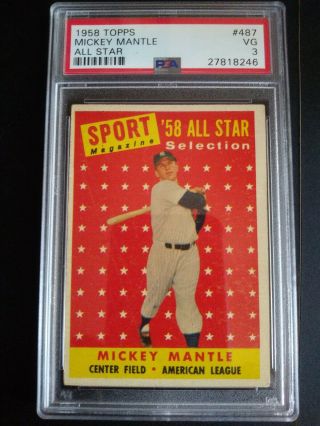 1958 Topps Mickey Mantle Psa 3 All Star Card 487