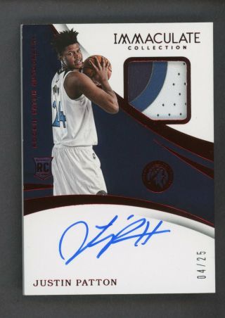 2017 - 18 Immaculate Red Justin Patton Rpa Rc Rookie Patch Auto 4/25