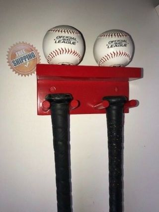 Baseball Bat Rack Display Holder Red 3 Full Size Bats 2 Balls Wall Mount