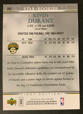 Kevin Durant 2007 - 08 Upper Deck Star Rookie First Edition MVP 2