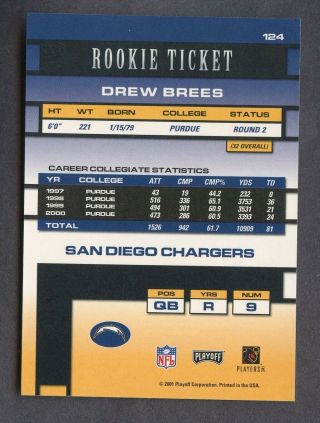 2001 Contenders Rookie Ticket Drew Brees Chargers RC Rookie AUTO SP 2