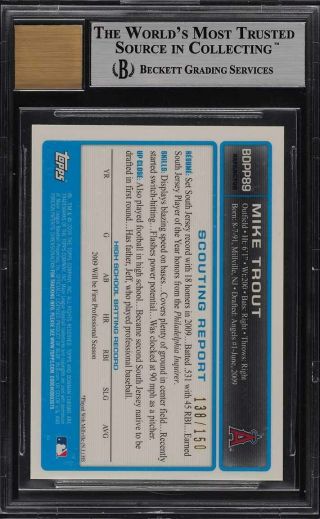 2009 Bowman Chrome Blue Refractor Mike Trout ROOKIE RC AUTO /150 BGS 9 MT (PWCC) 2