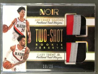 Simons Gary Trent Jr 2018 - 19 Noir Two Shot Rookie Jerseys 4 Patch 18/25 Rc Bm8
