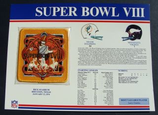 1974 Nfl Bowl Viii (8) Patch Miami Dolphins Vs Vikings Willabee & Ward