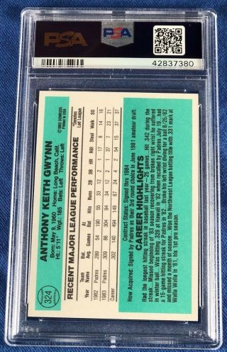 1984 Donruss Tony Gwynn San Diego Padres 324 Baseball Card Graded PSA 10 2
