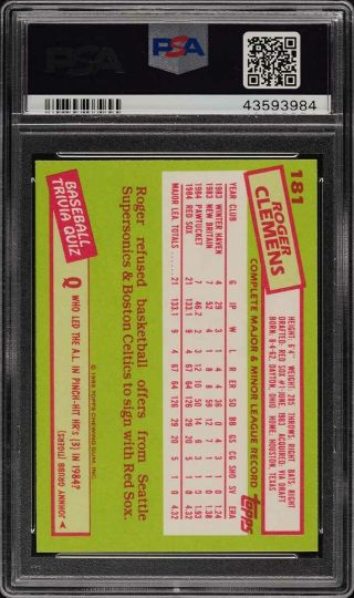 1985 Topps Tiffany Roger Clemens ROOKIE RC 181 PSA 10 GEM (PWCC) 2