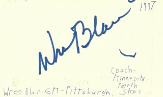 Wren Blair Gm Pittsburgh Nhl Hockey Autographed Signed Index Card