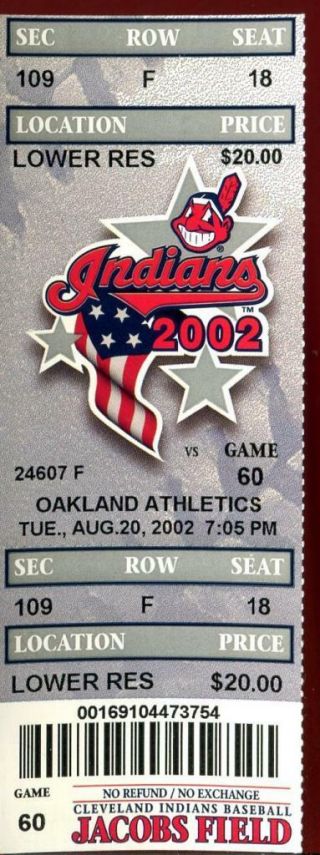 Baseball Ticket Cleveland Indians 2002 8/20 Oakland A 