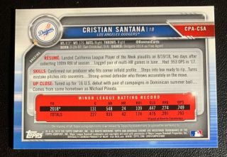 2019 Bowman Chrome CRISTIAN SANTANA RC On Card Auto Autograph DODGERS 2