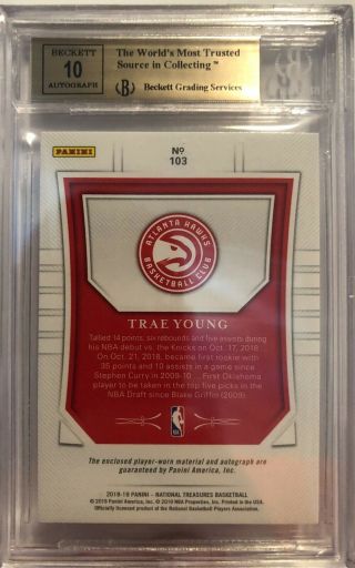 Trae Young 2018 - 19 National Treasures Rookie Patch Auto BGS 9.  5 46/99 RPA RC 3