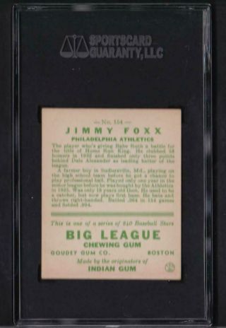 1933 Goudey 154 Jimmy Foxx Athletics SGC 70 Ex,  5.  5 2