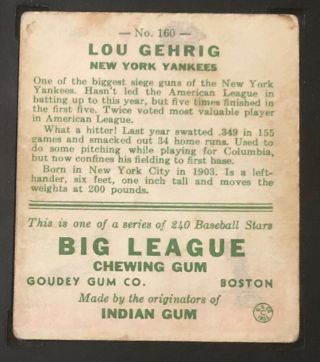 1933 Goudey Lou Gehrig SGC 40 / 3 Very Good 160 NY Yankees HOF 5